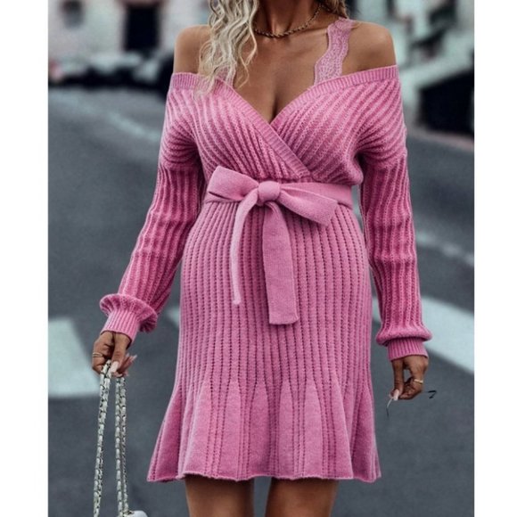 . Dresses & Skirts - Lace Detailed Cold Shoulder Long sleeve Belted Sweater Dress Pink